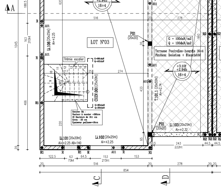 Extrait d'un plan de coffrage : trémie d'escalier, linteaux, chevêtre et plancher en poutrelles-hourdis